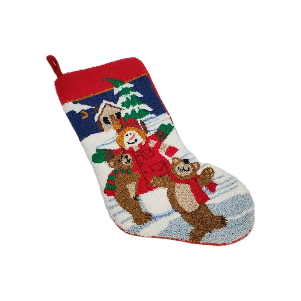 Vintage Needlepoint Snowman and Bears Christmas Stocking 11x19 Holiday Decor
